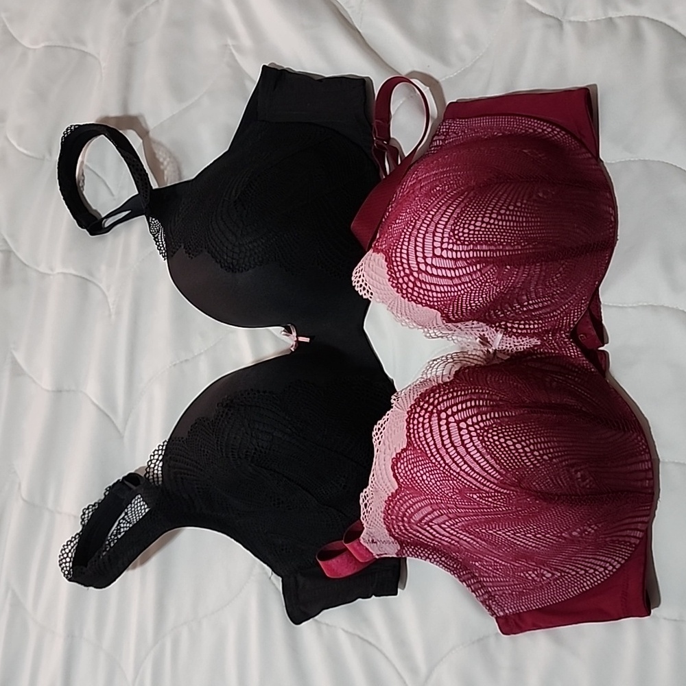 Cacique Lace 38DD  2 bra lot lightly lined balconette hot pink and black